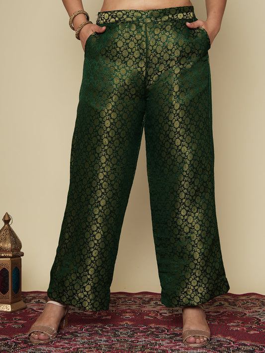 Green Floral Brocade Palazzo Pants