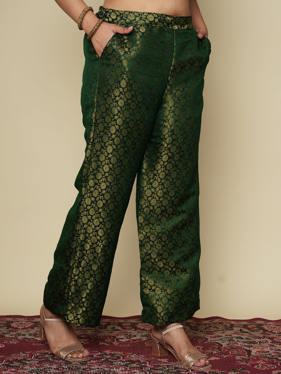 Green Floral Brocade Palazzo Pants