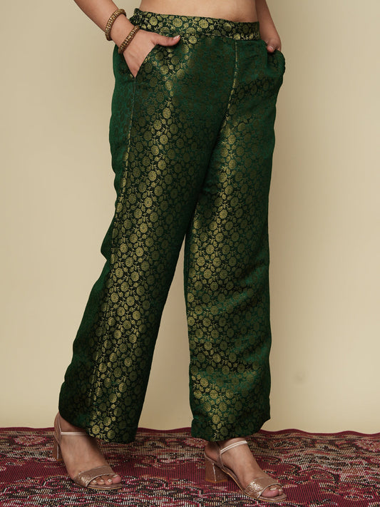 Green Floral Brocade Palazzo Pants