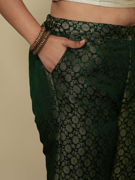 Green Floral Brocade Palazzo Pants