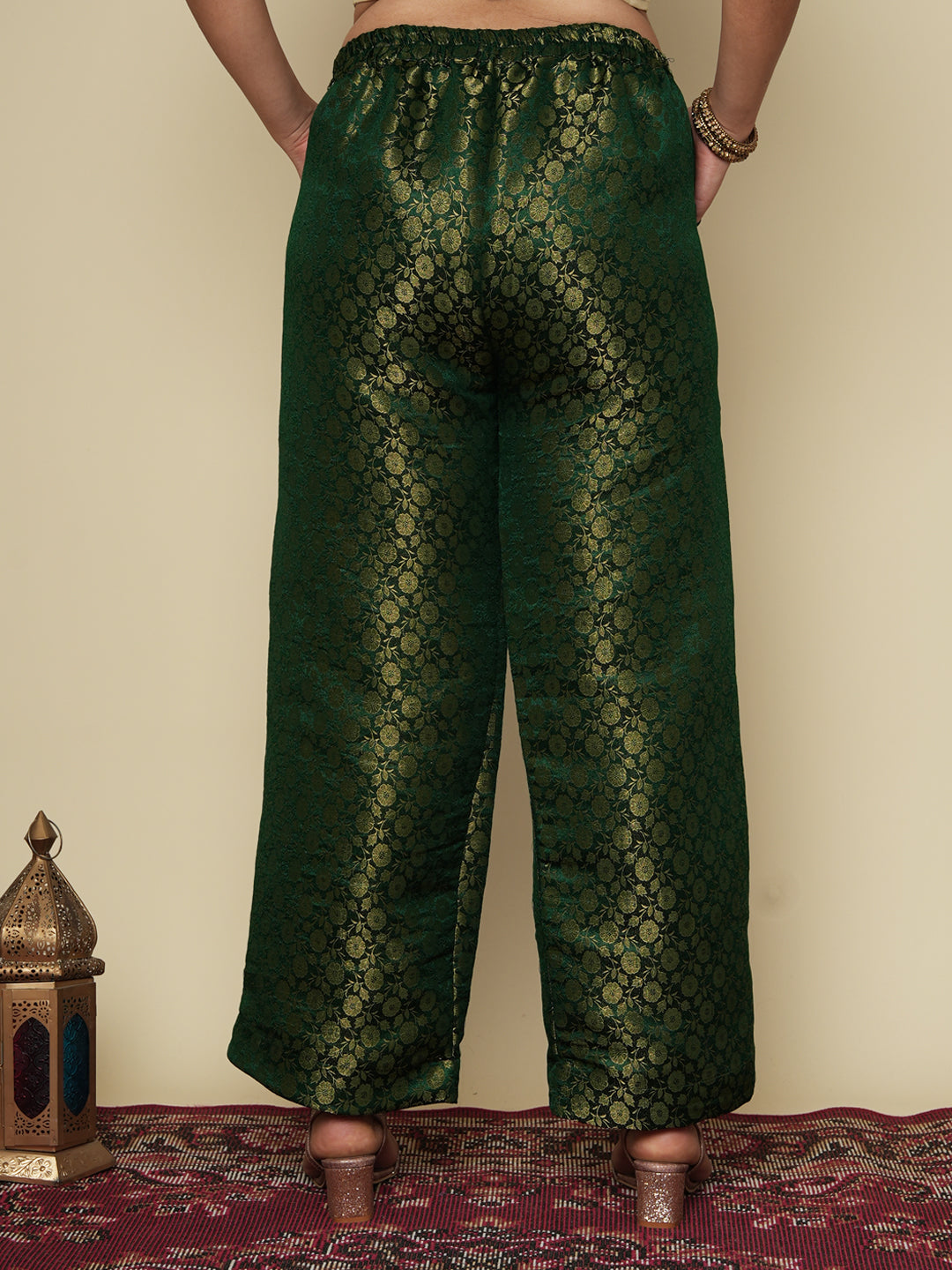 Green Floral Brocade Palazzo Pants