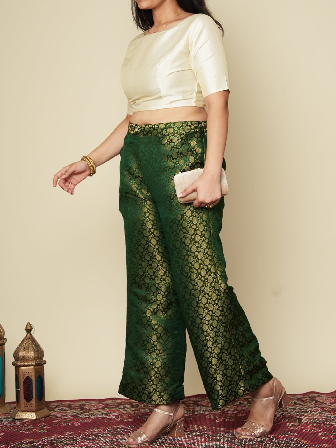 Green Floral Brocade Palazzo Pants