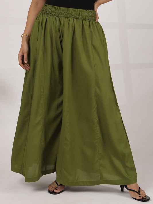 Green Rayon Flared Palazzo