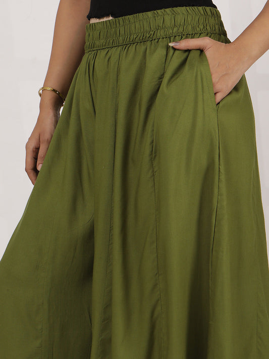 Green Rayon Flared Palazzo