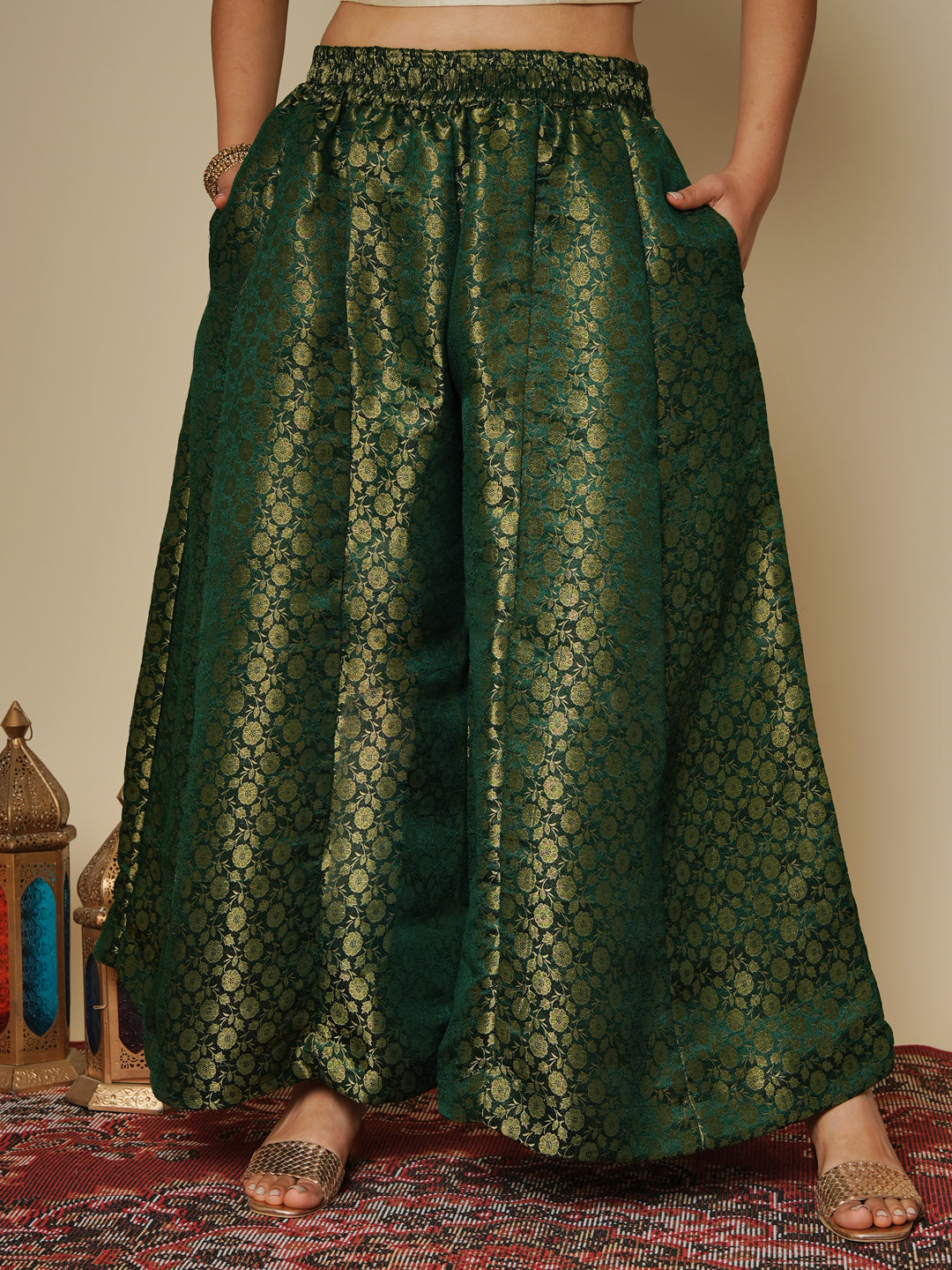 Green Floral Brocade Flared Palazzo