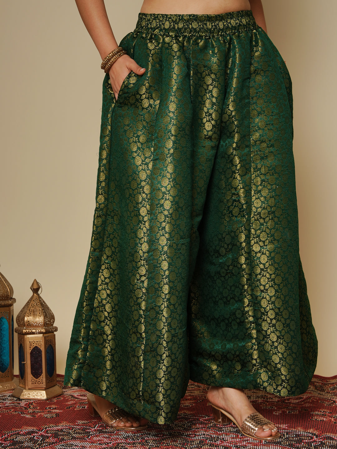 Green Floral Brocade Flared Palazzo