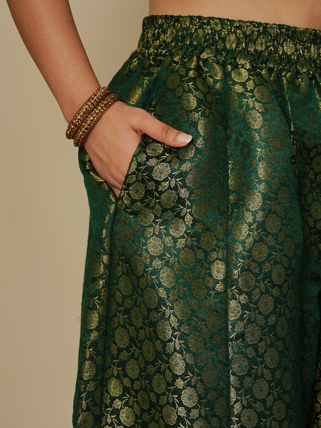 Green Floral Brocade Flared Palazzo