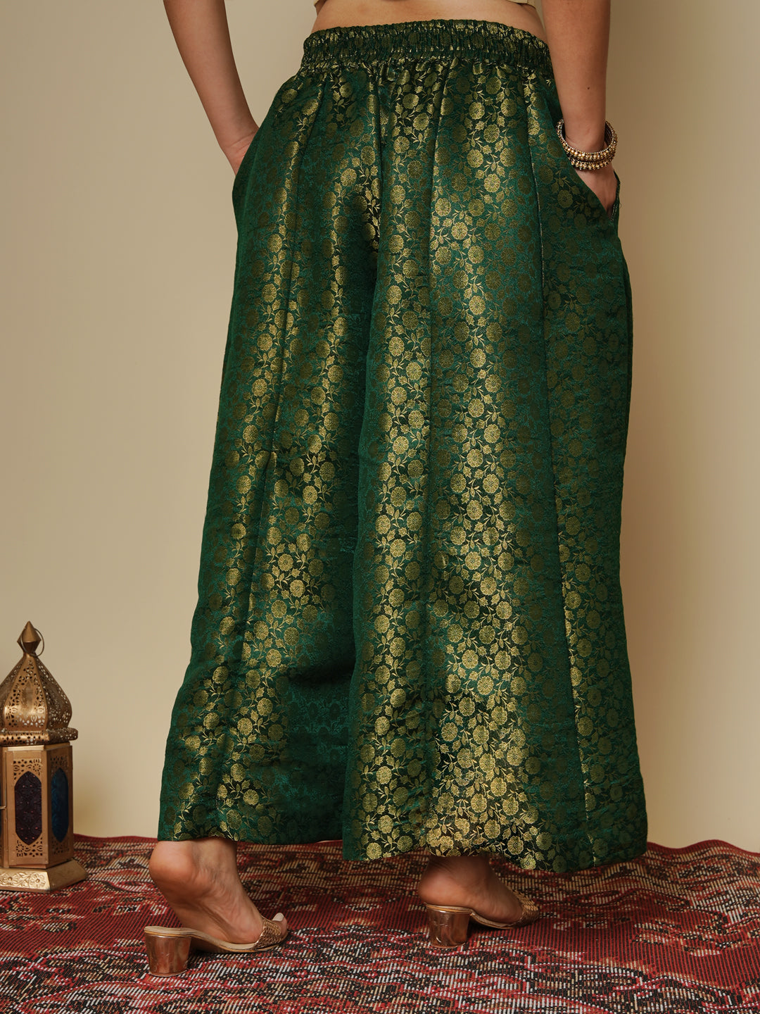 Green Floral Brocade Flared Palazzo