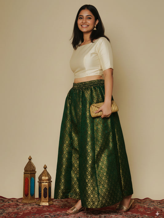 Green Floral Brocade Flared Palazzo