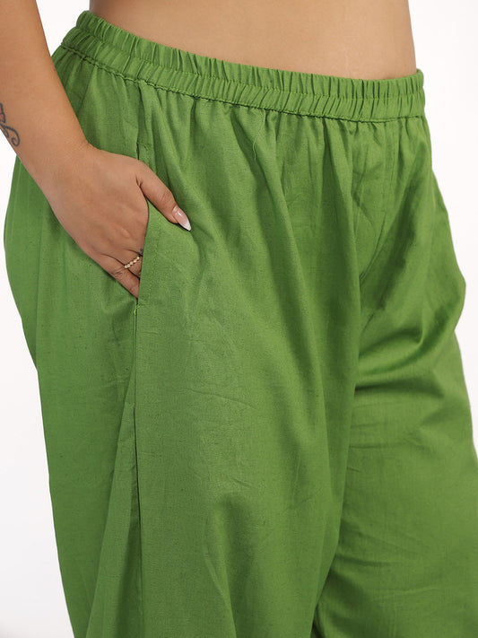 Green Cotton Mom-Fit Pants