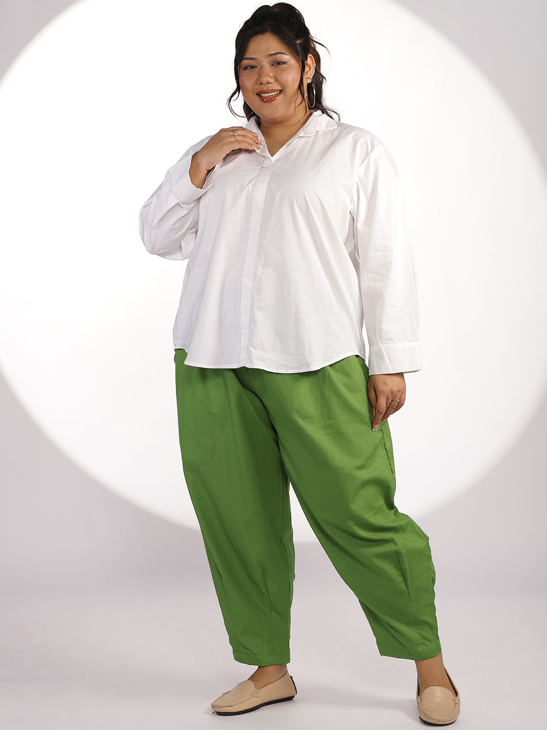 Green Cotton Mom-Fit Pants