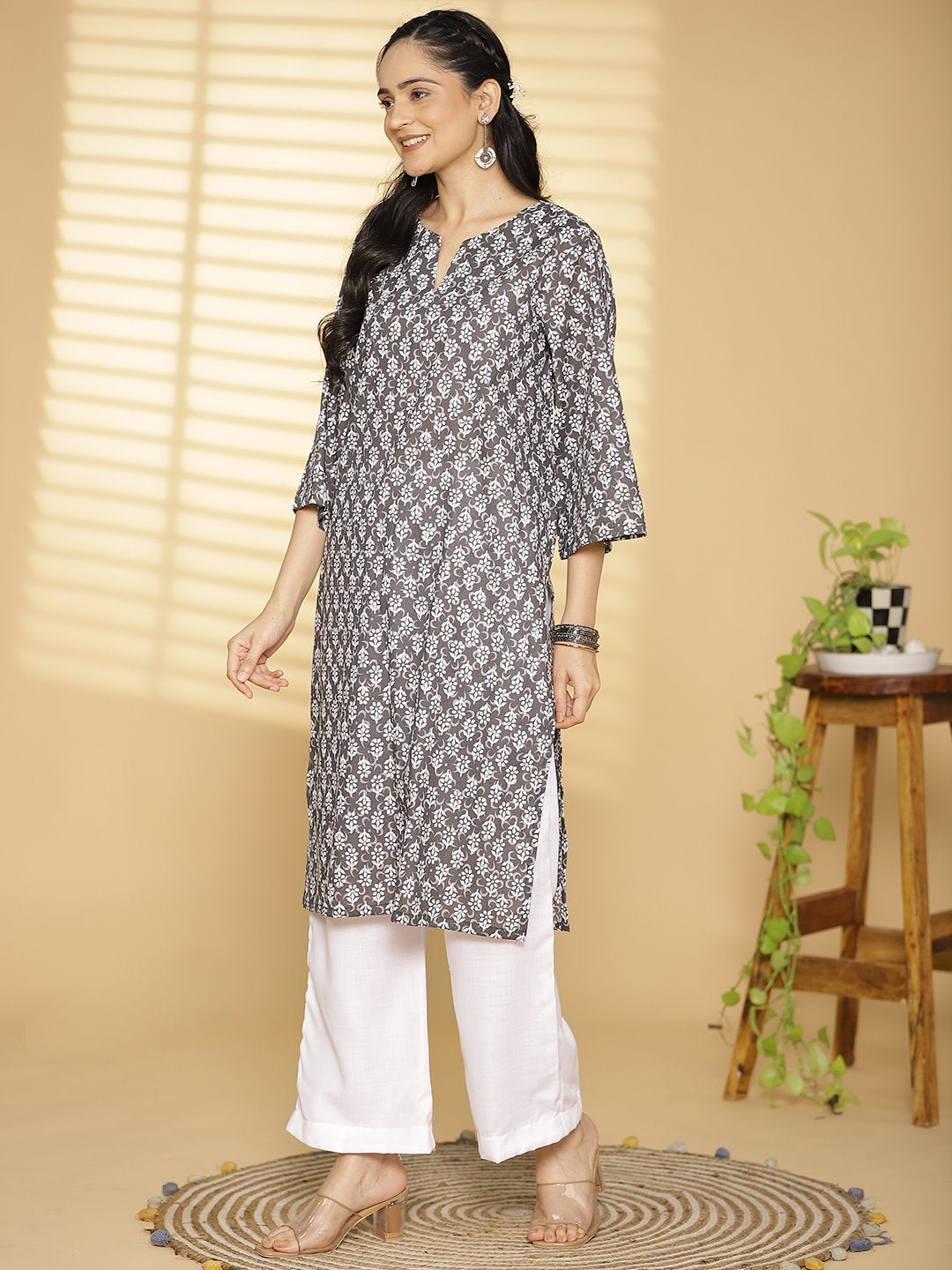 Grey Butti Printed LongKurta