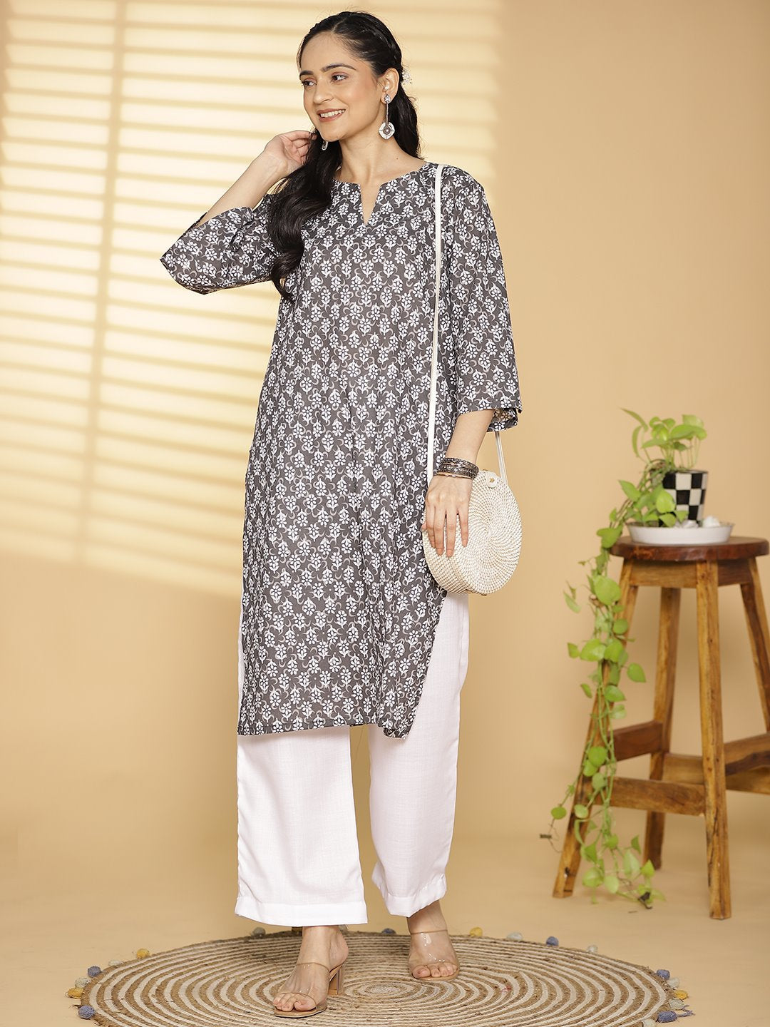 Grey Butti Printed LongKurta