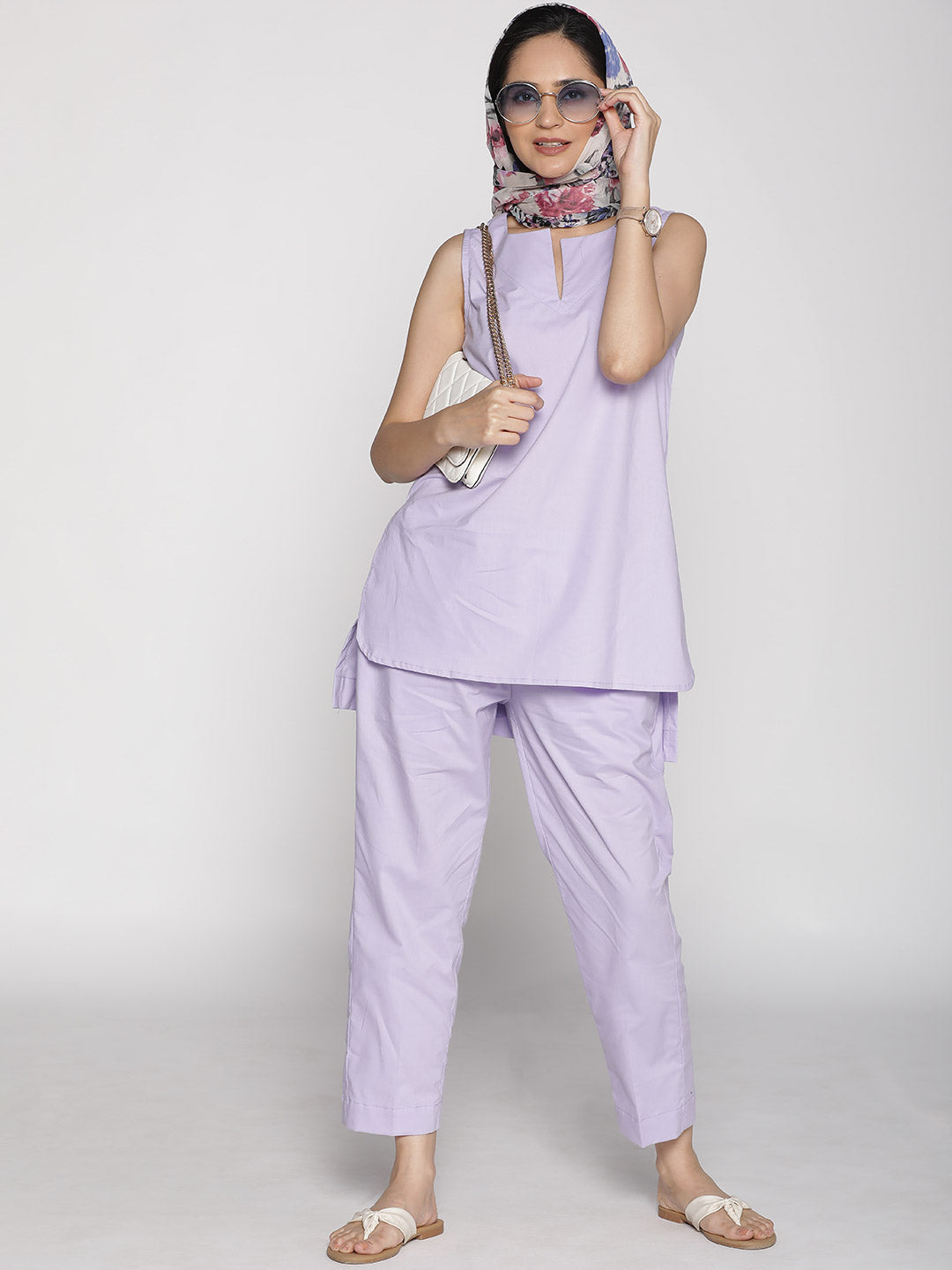 Lavender Poplin SleevelessKurti & Flared Palazzo