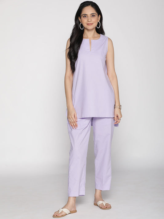 Lavender Poplin SleevelessKurti & Flared Palazzo