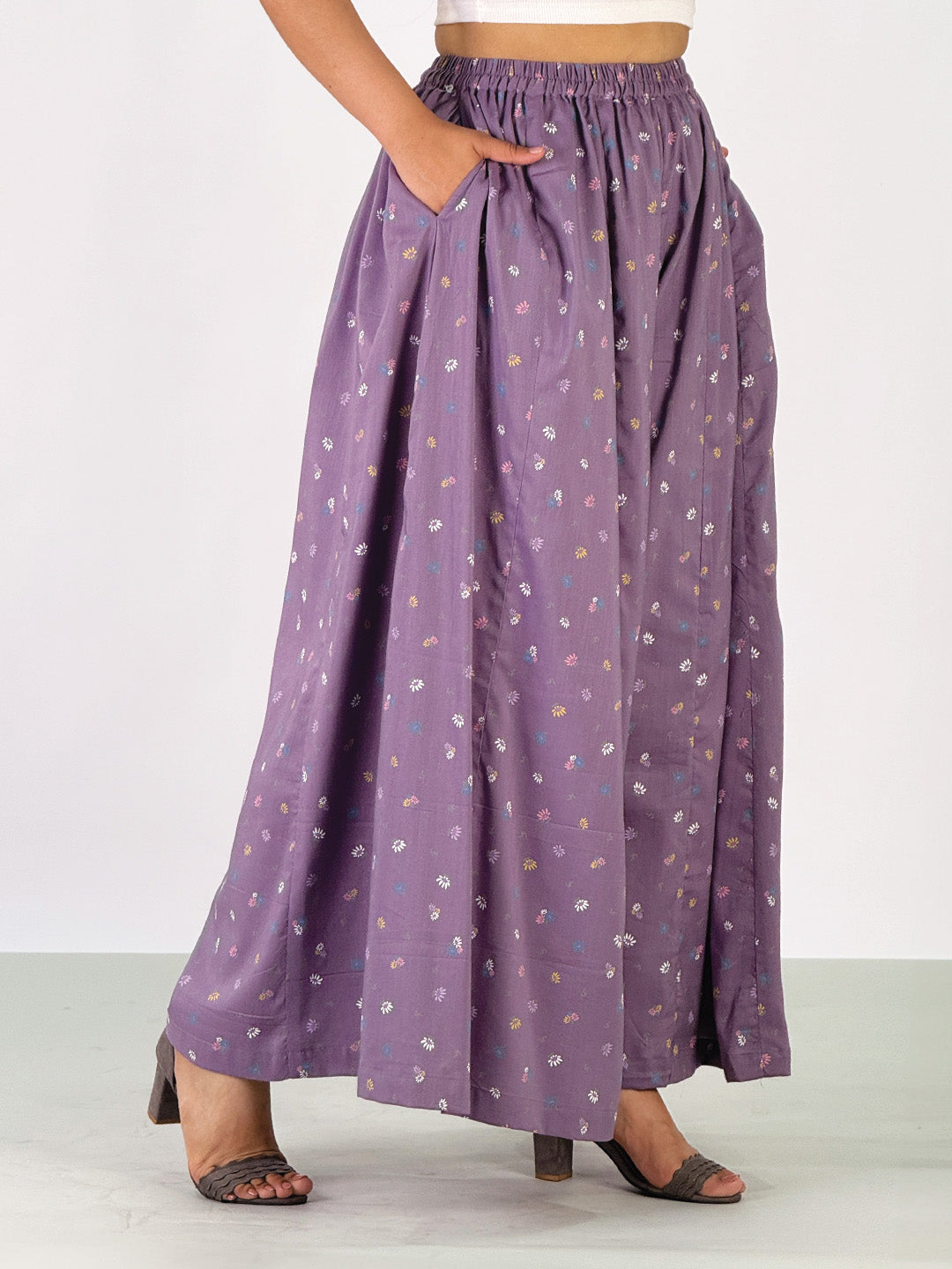 LavenderPrinted Rayon Flared Palazzo - PurpleDitsy