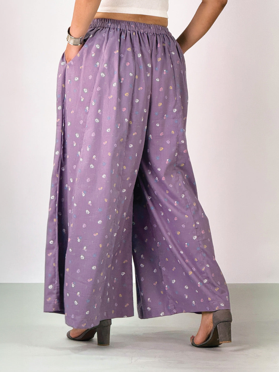 LavenderPrinted Rayon Flared Palazzo - PurpleDitsy