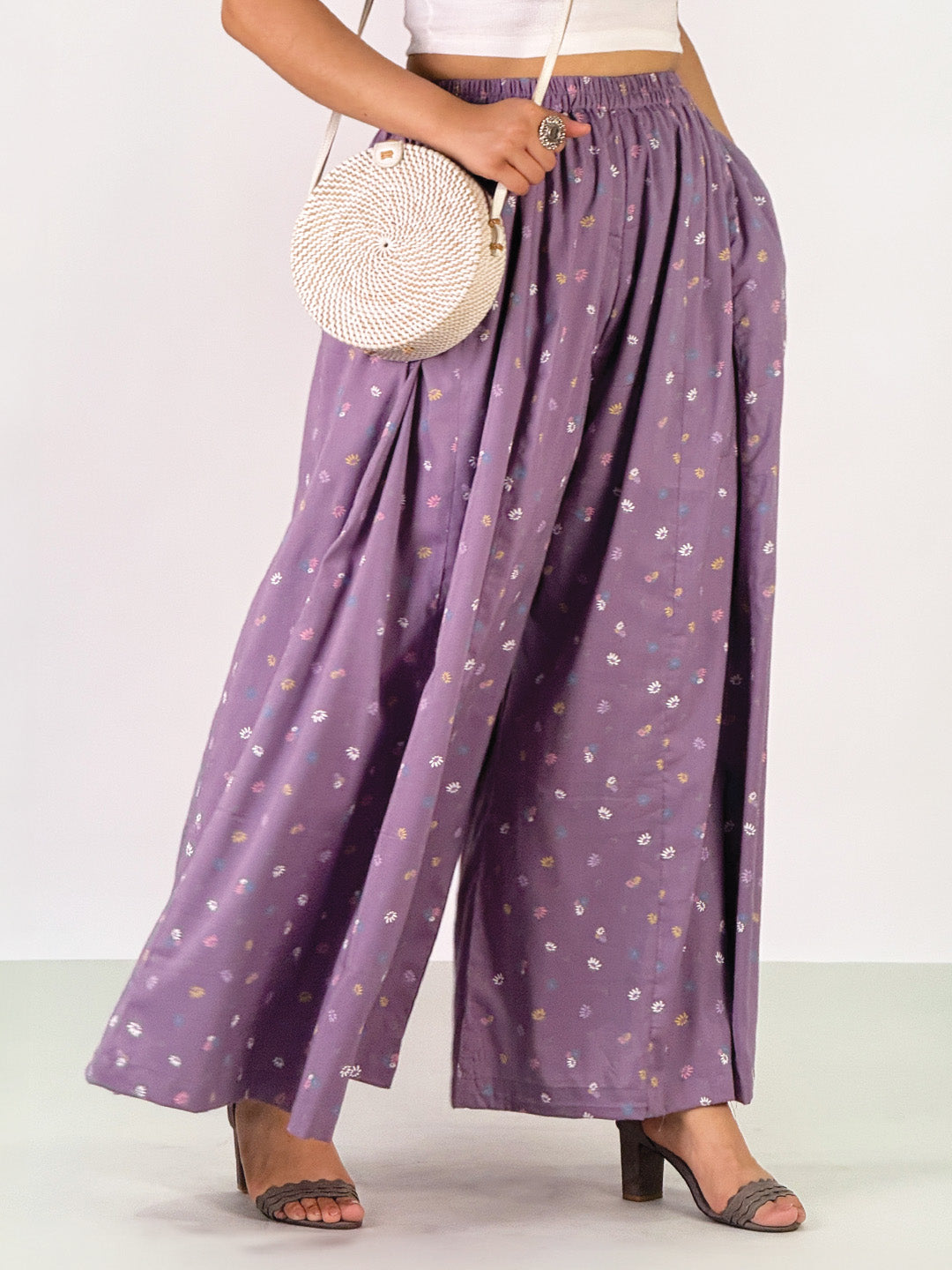 LavenderPrinted Rayon Flared Palazzo - PurpleDitsy