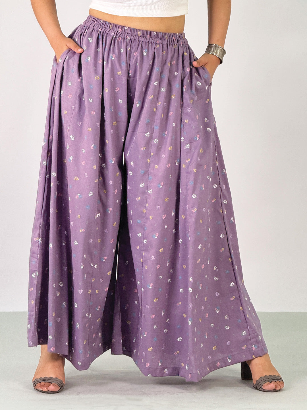 LavenderPrinted Rayon Flared Palazzo - PurpleDitsy