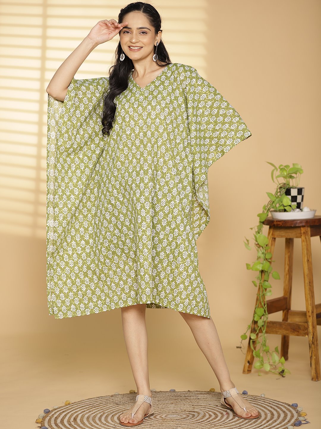 Lime Butti Printed LongKaftan