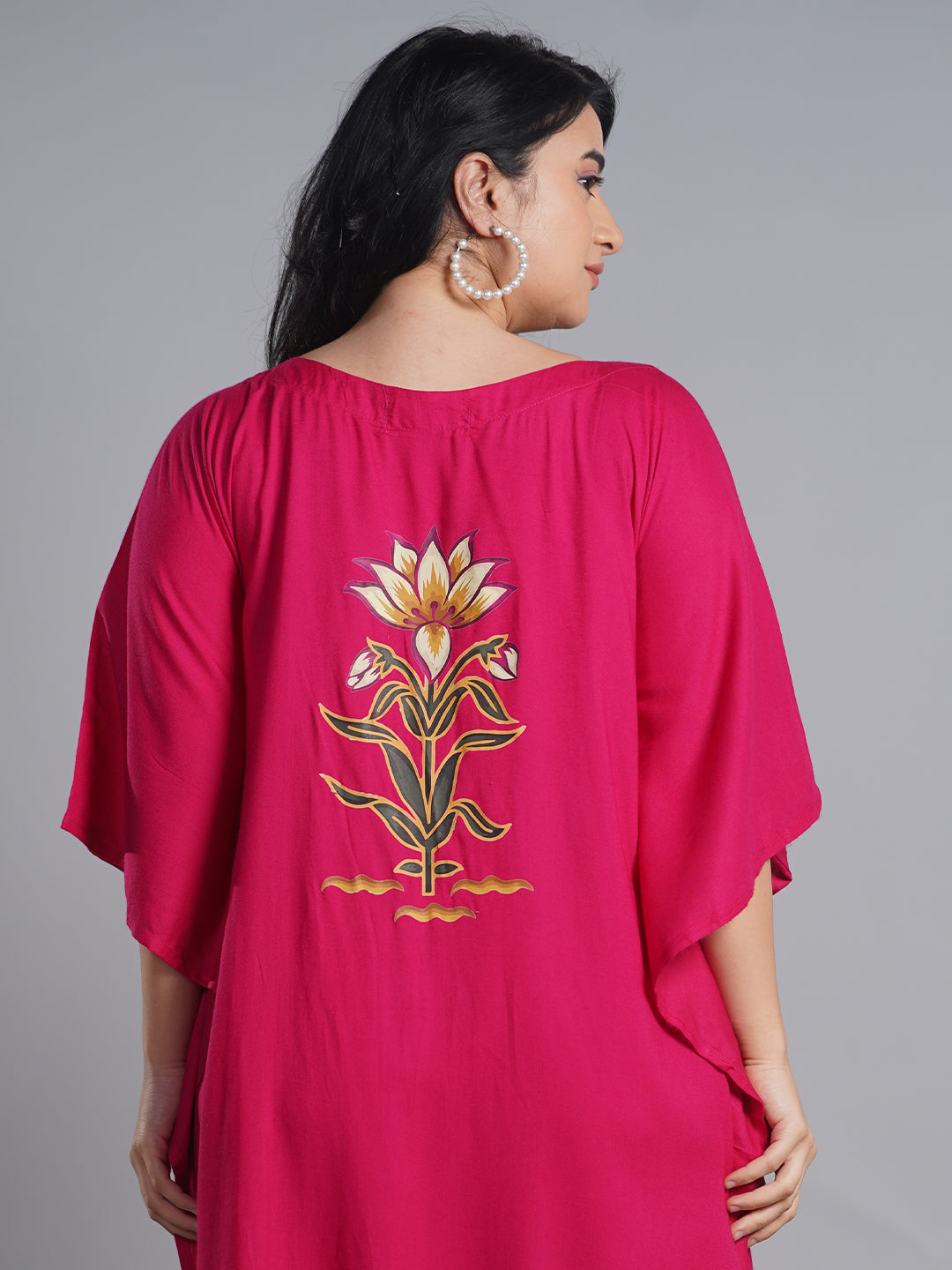 Magenta Rayon Long-Kaftan - Floral Pop