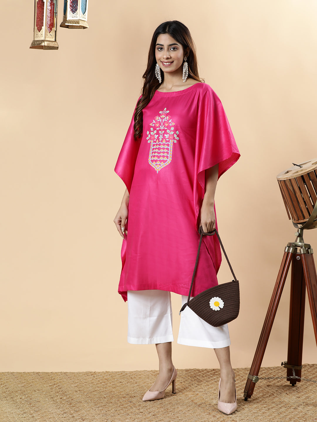 Magenta Rayon Long-Kaftan - Mughal Print