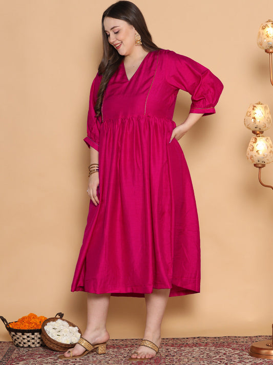 Magenta Silk Gathered Dress