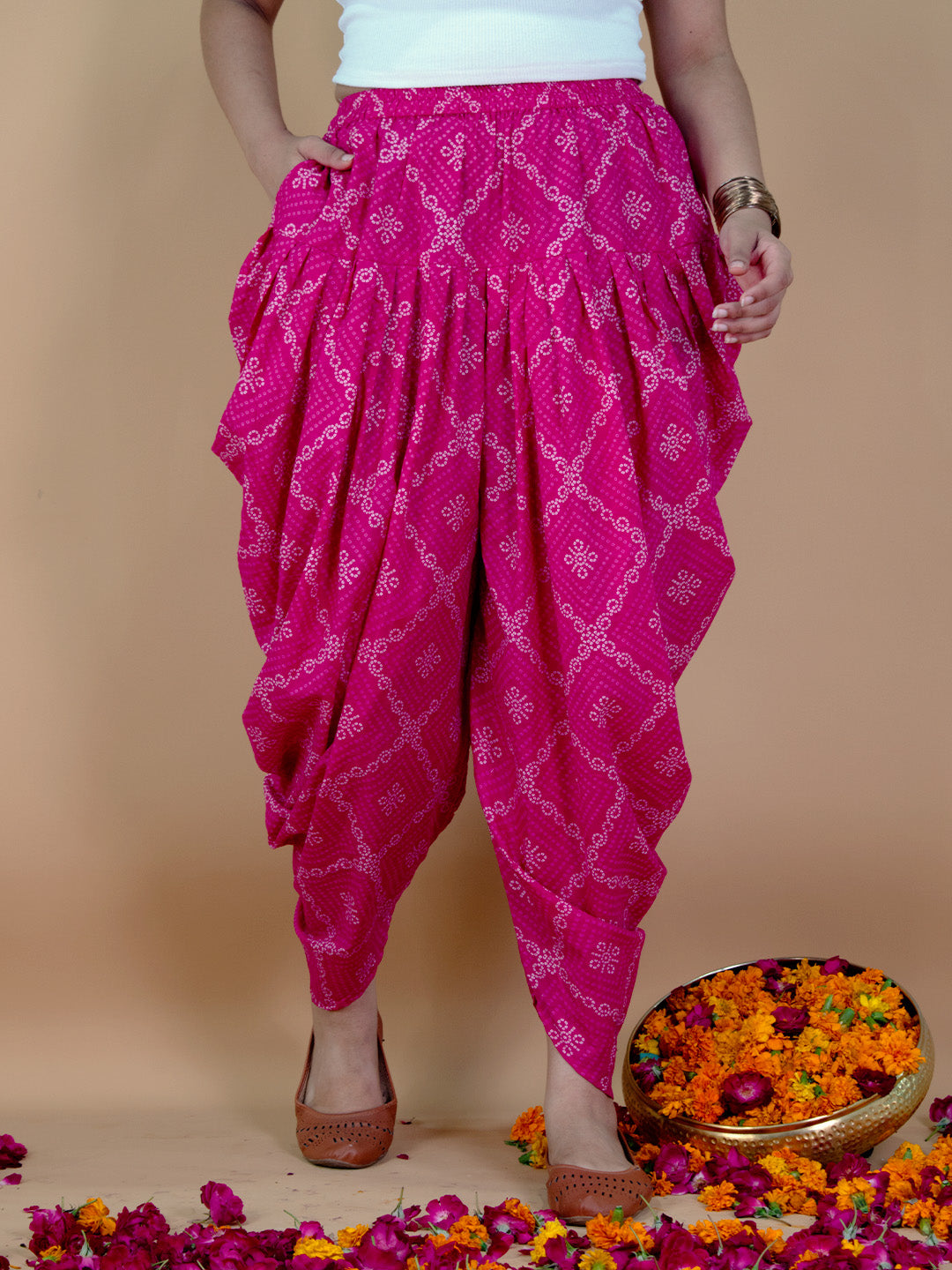 Printed Cotton Dhoti - PinkBandhani