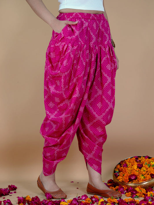 Printed Cotton Dhoti - PinkBandhani