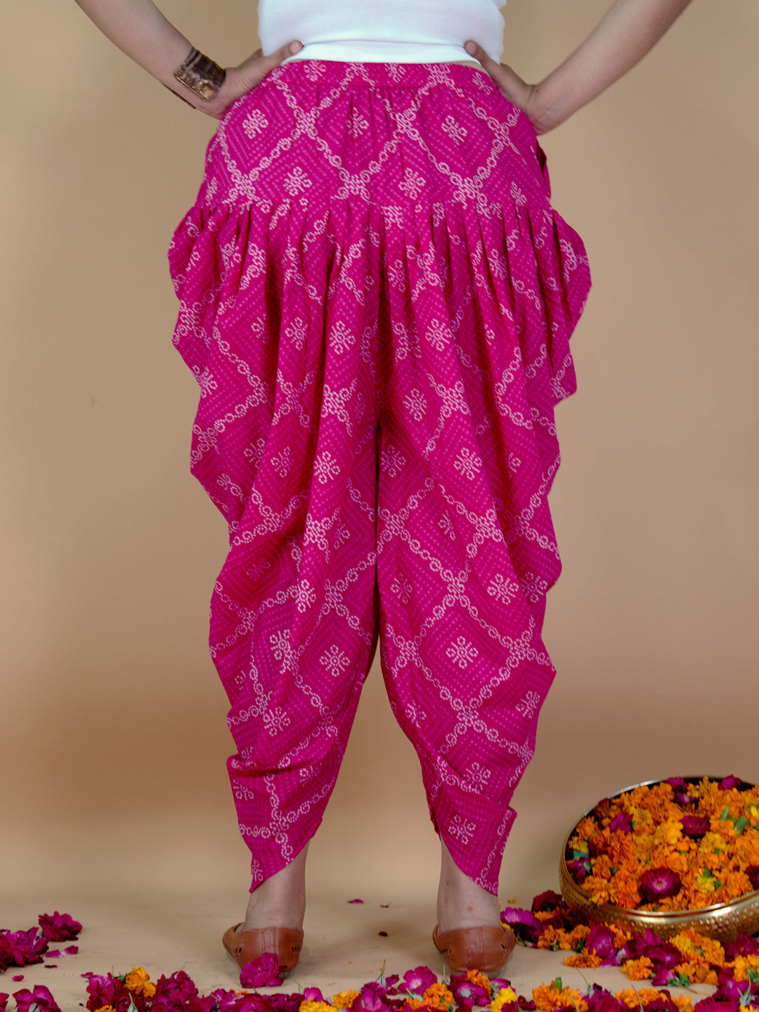 Printed Cotton Dhoti - PinkBandhani