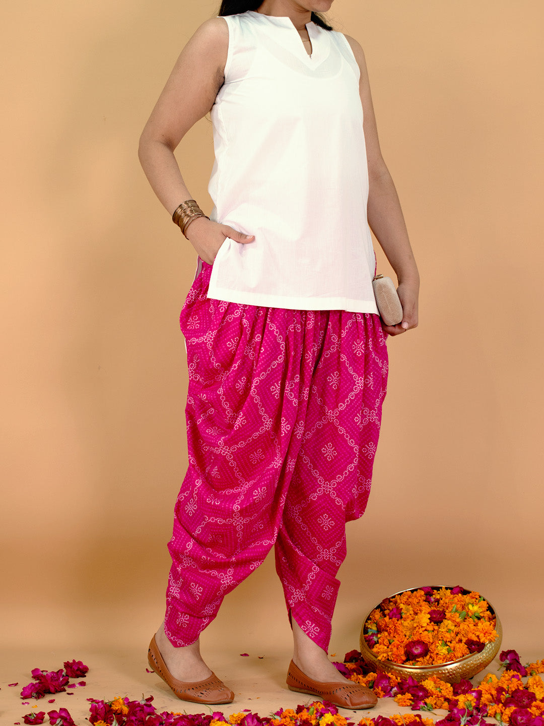 Printed Cotton Dhoti - PinkBandhani