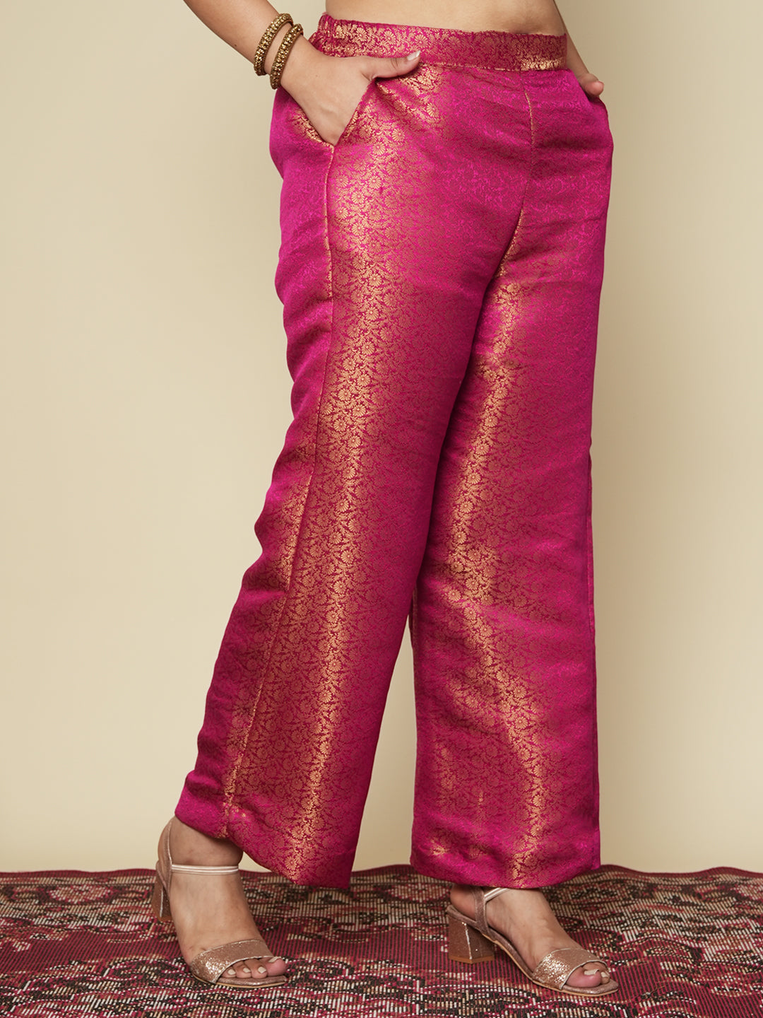 Magenta Floral Brocade Palazzo Pants