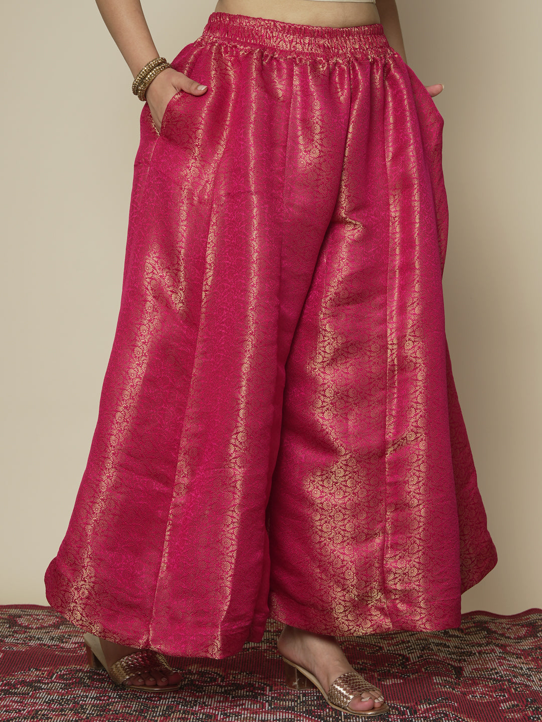 Magenta Floral Brocade Flared Palazzo