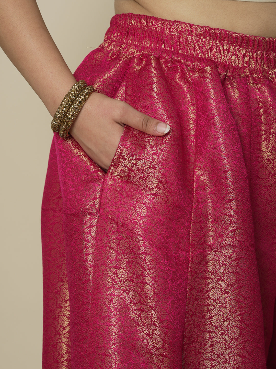Magenta Floral Brocade Flared Palazzo