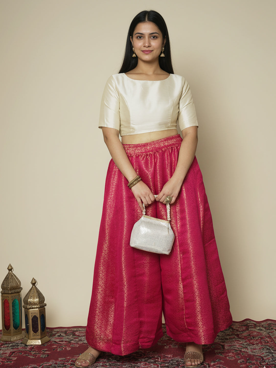 Magenta Floral Brocade Flared Palazzo