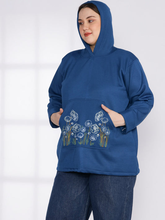 MarineBlue Fleece Hoodie - WhiteCamellia