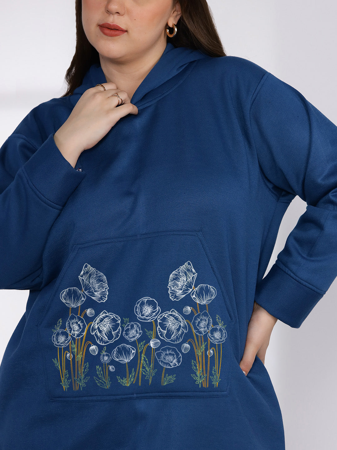 MarineBlue Fleece Hoodie - WhiteCamellia