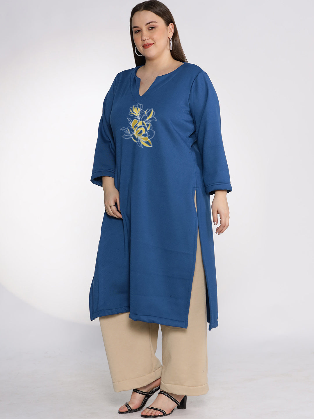 MarineBlue Fleece LongKurta - DaffodilGlow