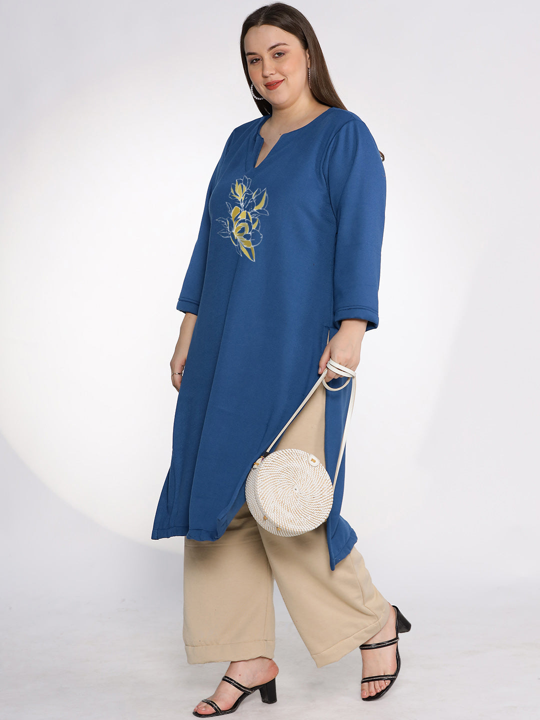 MarineBlue Fleece LongKurta - DaffodilGlow