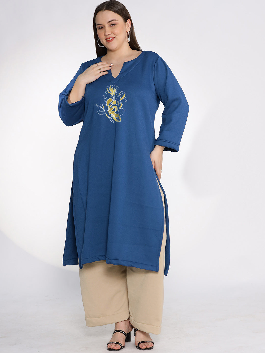 MarineBlue Fleece LongKurta - DaffodilGlow