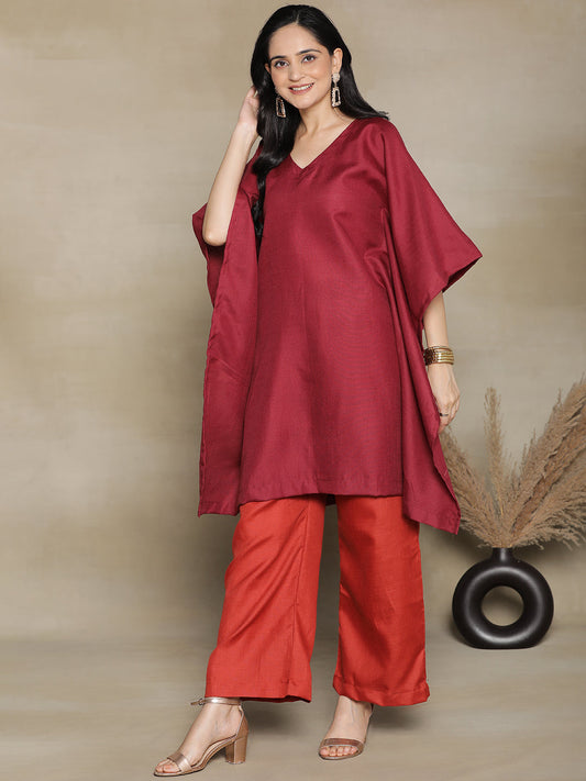 Maroon CottonSlub KaftanKurta & Rust Palazzo