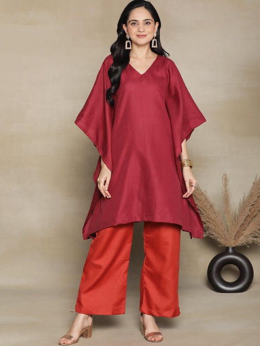 Maroon CottonSlub KaftanKurta & Rust Palazzo