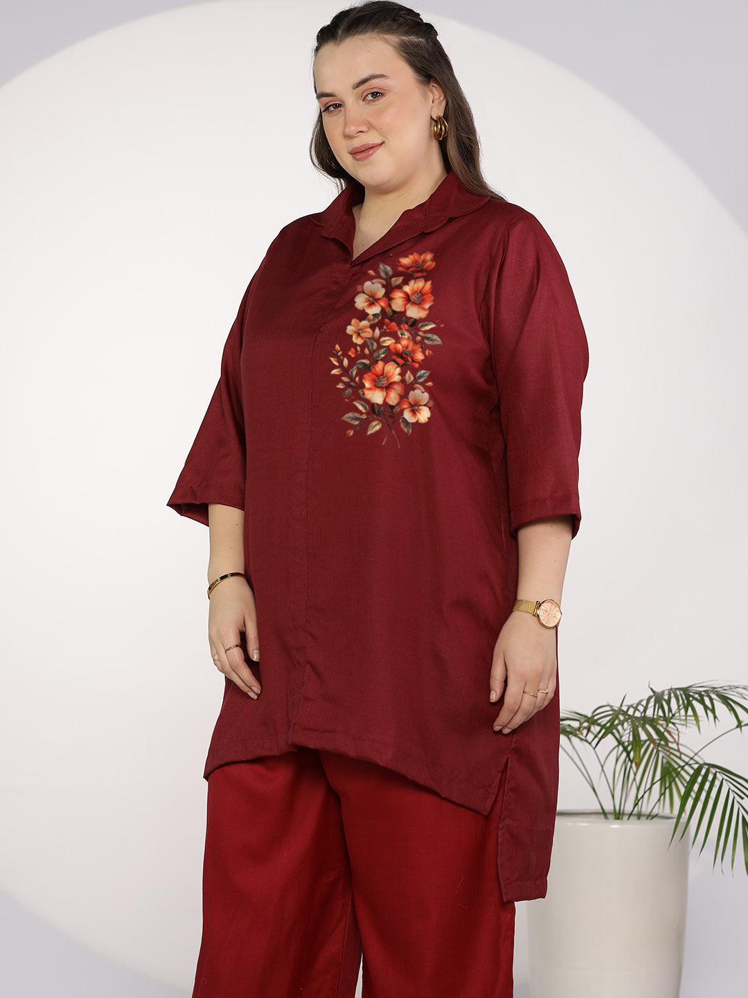 Maroon CottonSlub ShirtTop -SoleilGlow