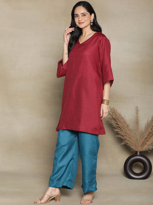 Maroon CottonSlub ShortKurti & Teal Palazzo