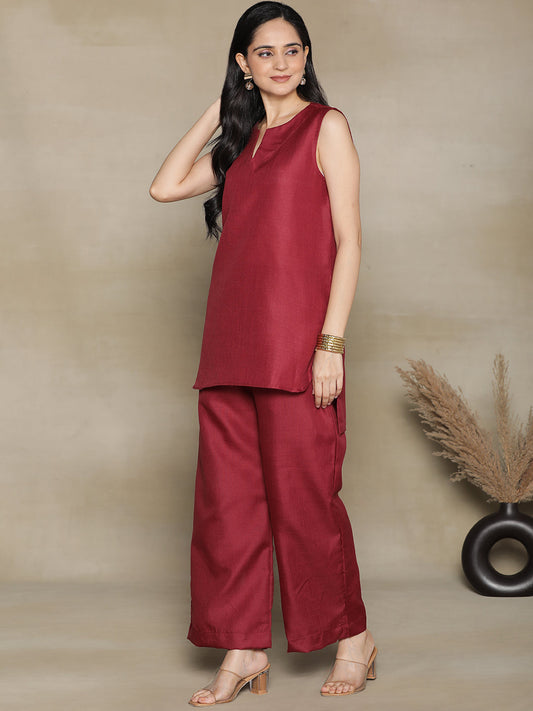 Maroon CottonSlub SleevelessKurti & Palazzo