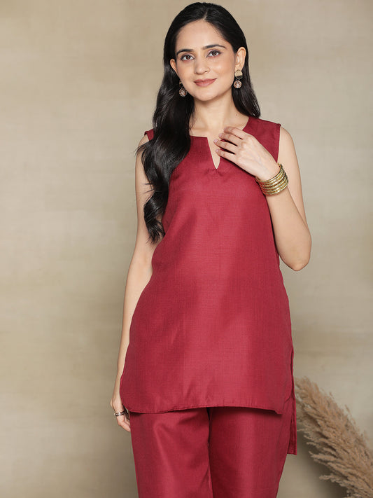 Maroon CottonSlub SleevelessKurti