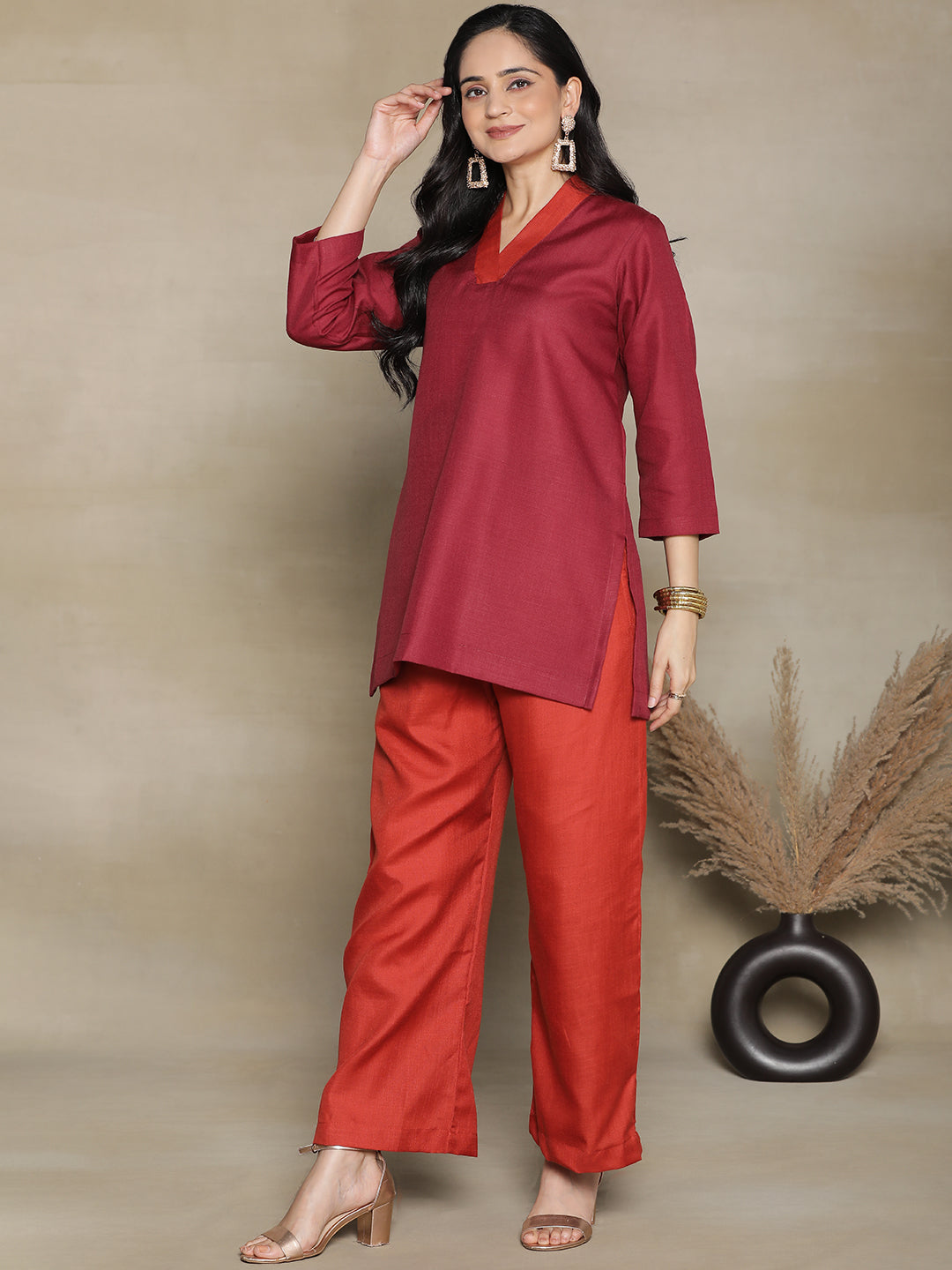 Maroon CottonSlub V-NeckTop & Rust Palazzo