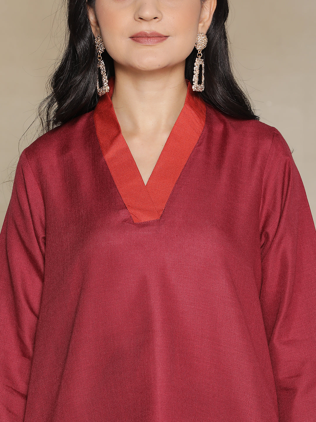 Maroon CottonSlub V-NeckTop & Rust Palazzo