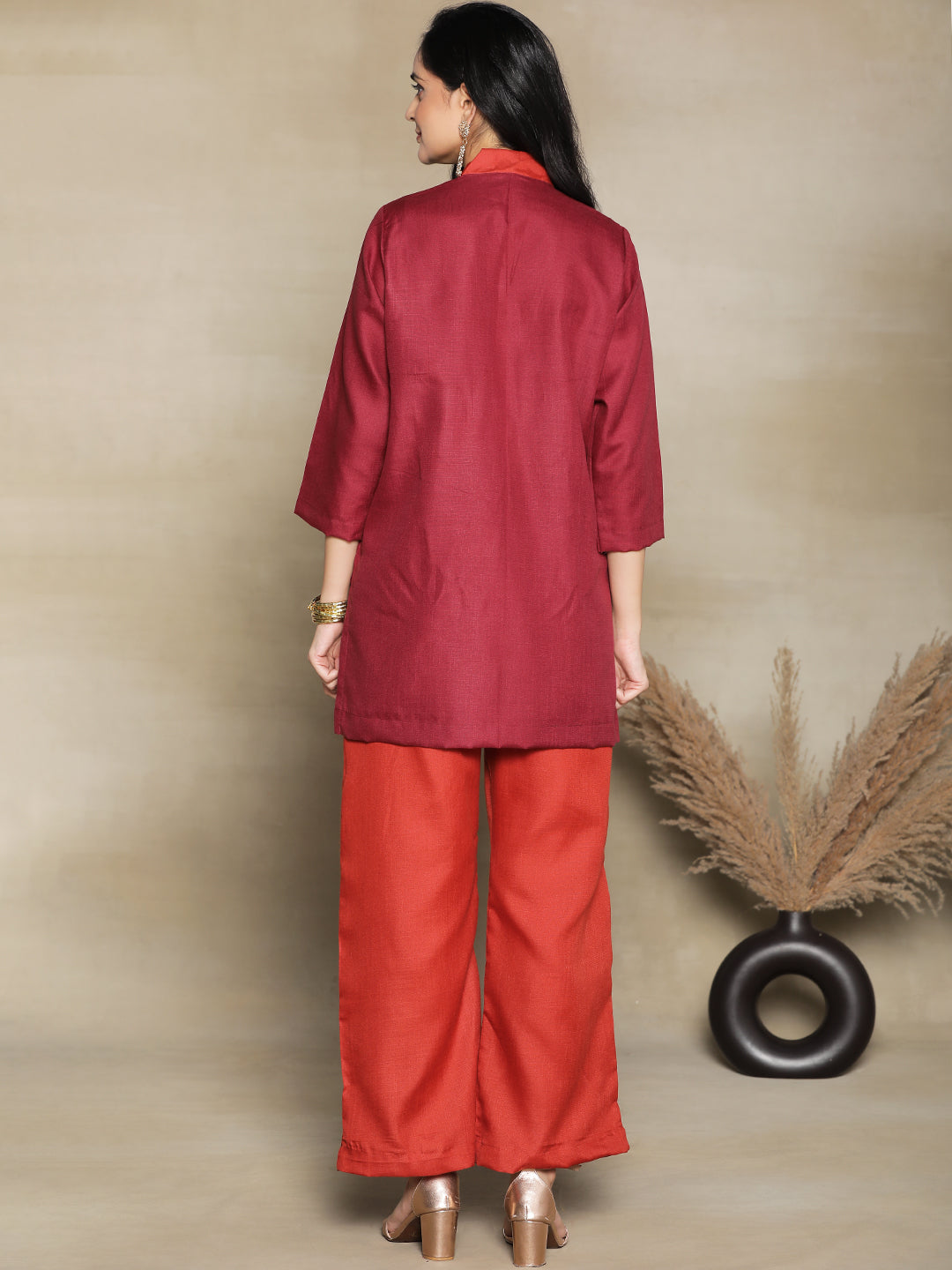 Maroon CottonSlub V-NeckTop & Rust Palazzo