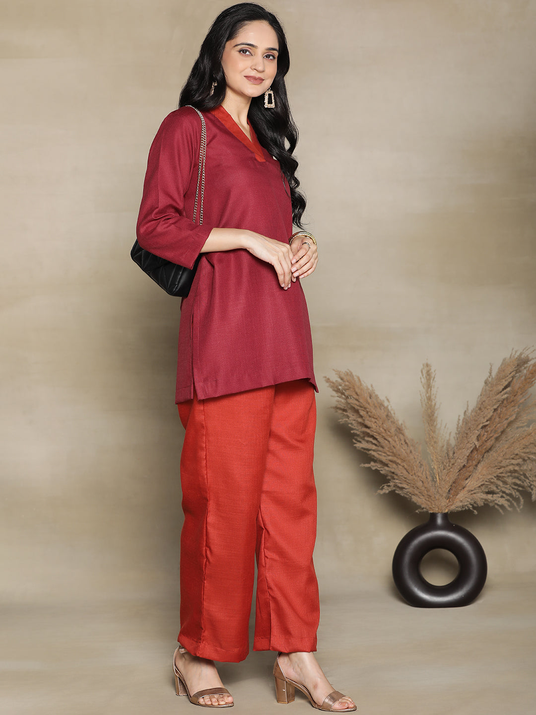 Maroon CottonSlub V-NeckTop & Rust Palazzo